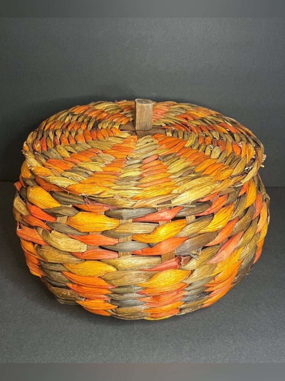 Woven Wicker Orange & Brown Fall Decor Pumpkin Shaped Basket w/ Lid 11 x 8"